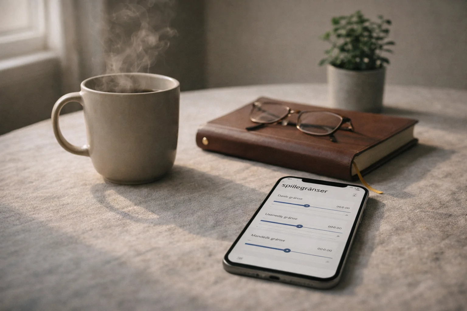 Et roligt skrivebord med en kalender en kop kaffe og en mobilskærm der viser et spillegrænse-overblik