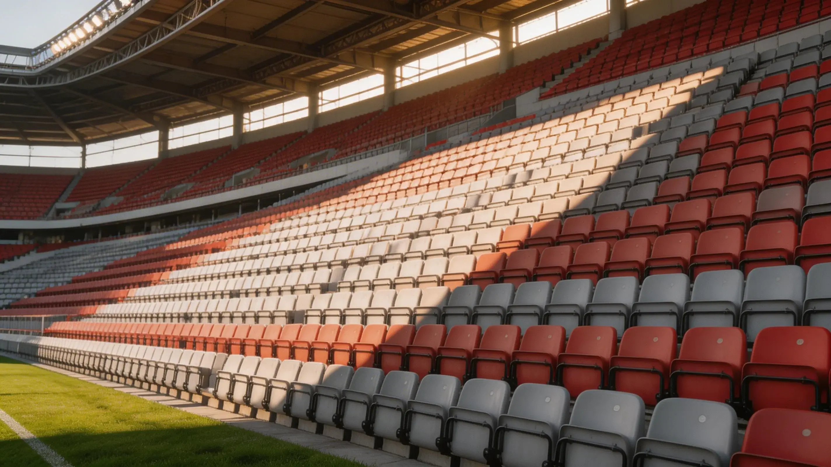 En tom tilskuertribune på et fodboldstadion set udefra i sen eftermiddagslys