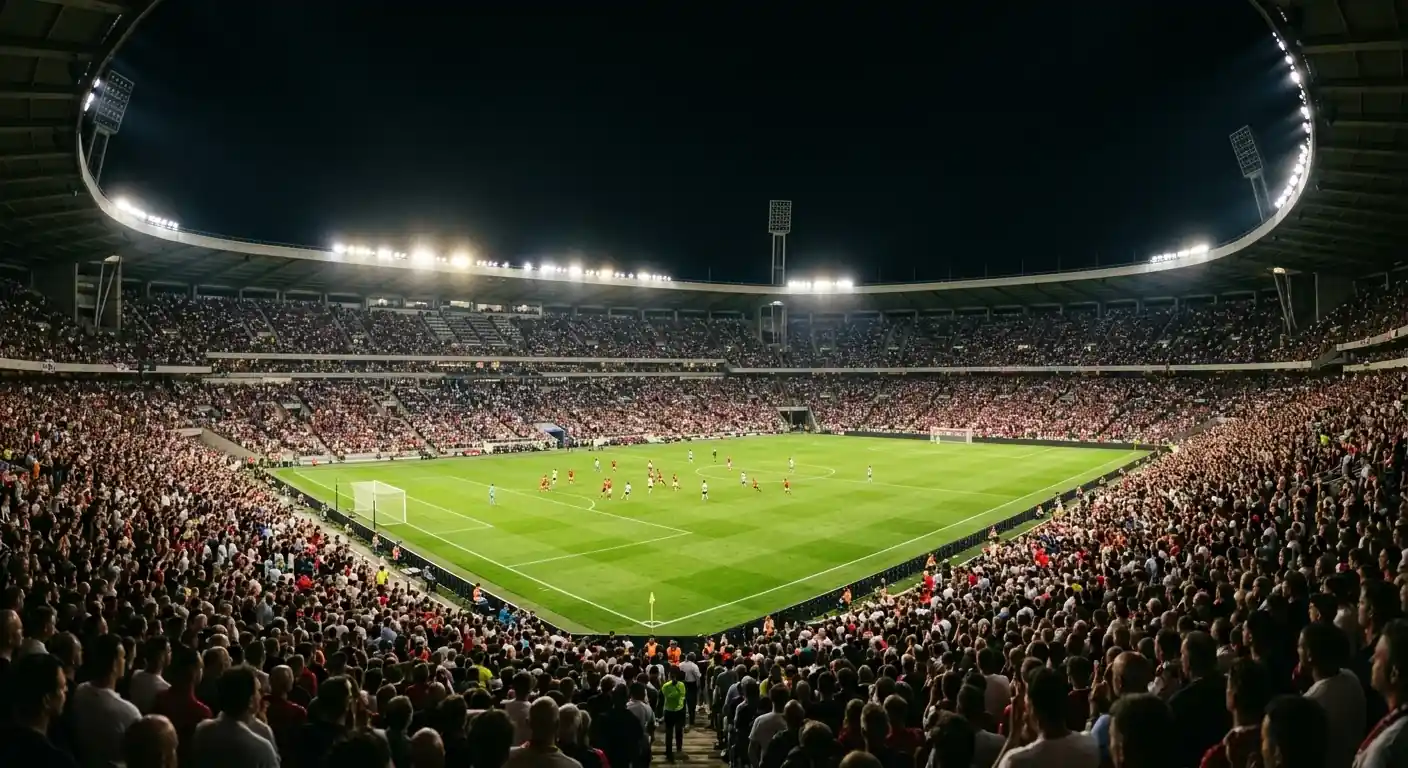 Fodboldstadion under projektørlys ved en aftenkamp i VM 2026's slutspil