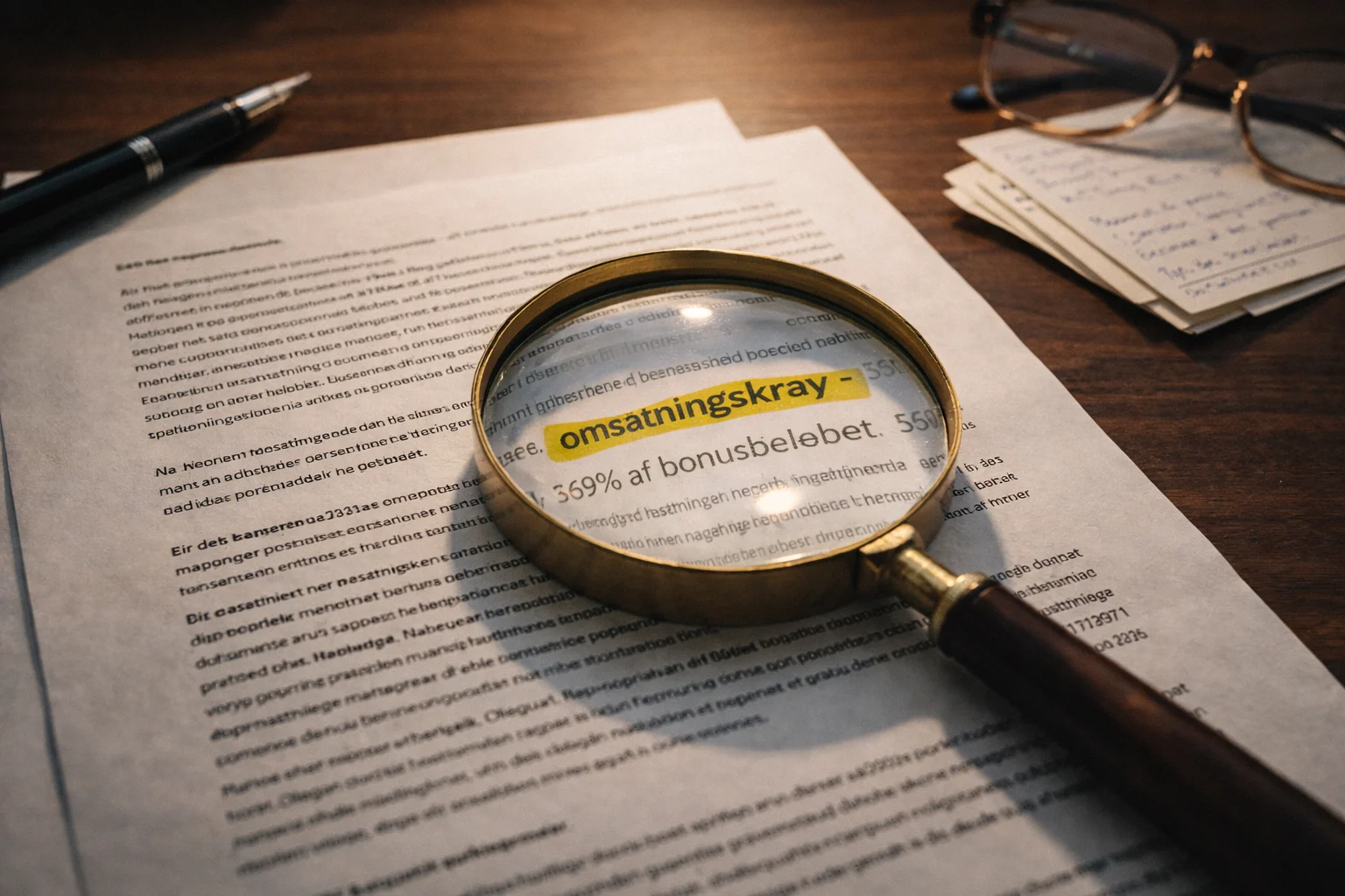 En lup hviler oven på en udprintet kontrakt med bookmaker-vilkår markeret med gul highlighter ved omsætningskravs-afsnittet