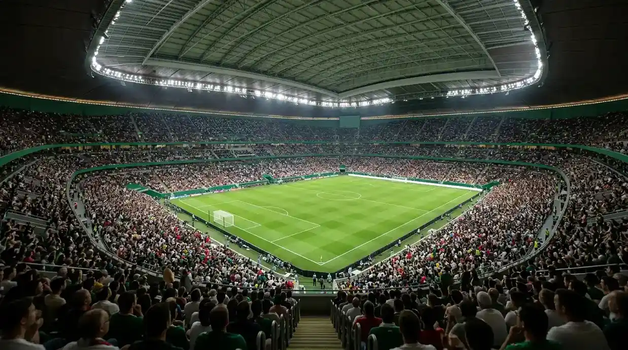 Fyldt fodboldstadion under projektørlys før en stor aftenkamp ved VM 2026