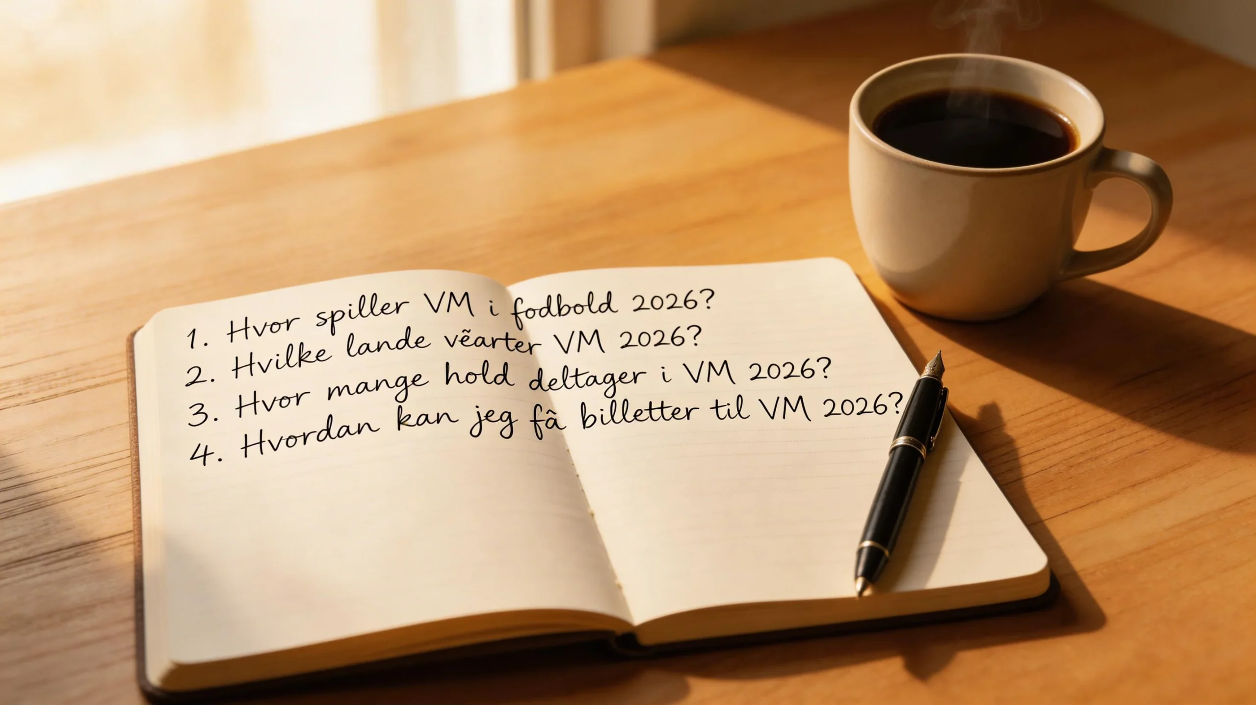 Notesblok med spørgsmål og svar om VM 2026