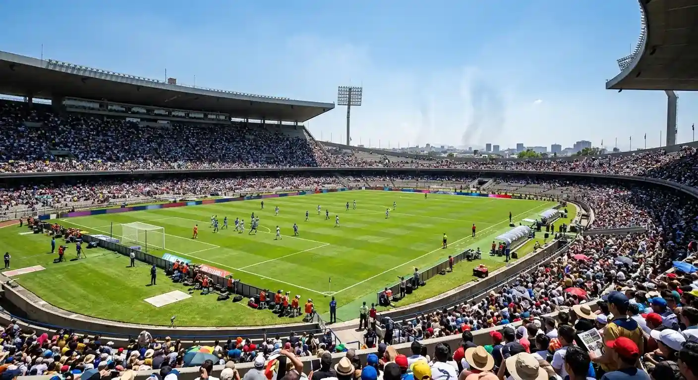 Fodboldstadion i skarpt sollys under en varm sommerdag ved VM 2026