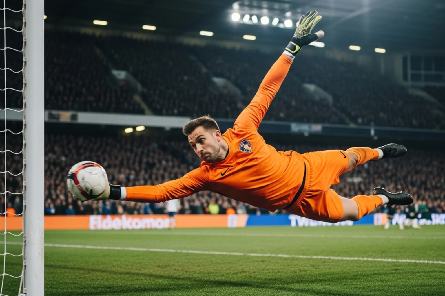En fodboldmålmand kaster sig ud for at redde et skud i nederste hjørne af målet