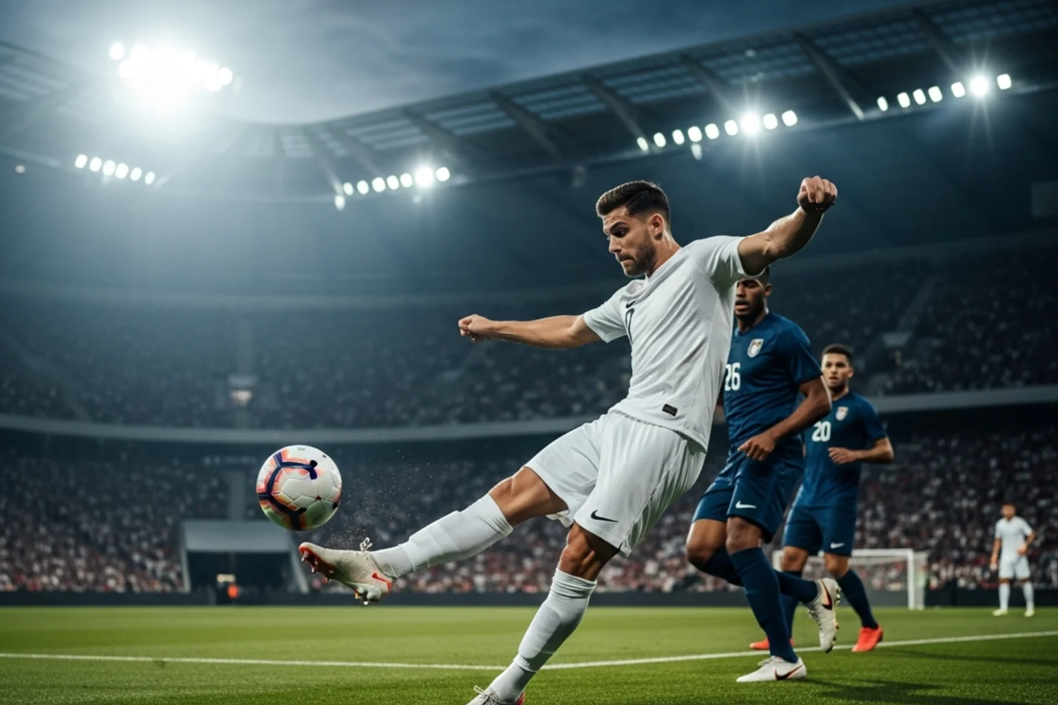 En angriber i hvid trøje skyder bolden mod målet under en intens fodboldkamp på et stort stadion