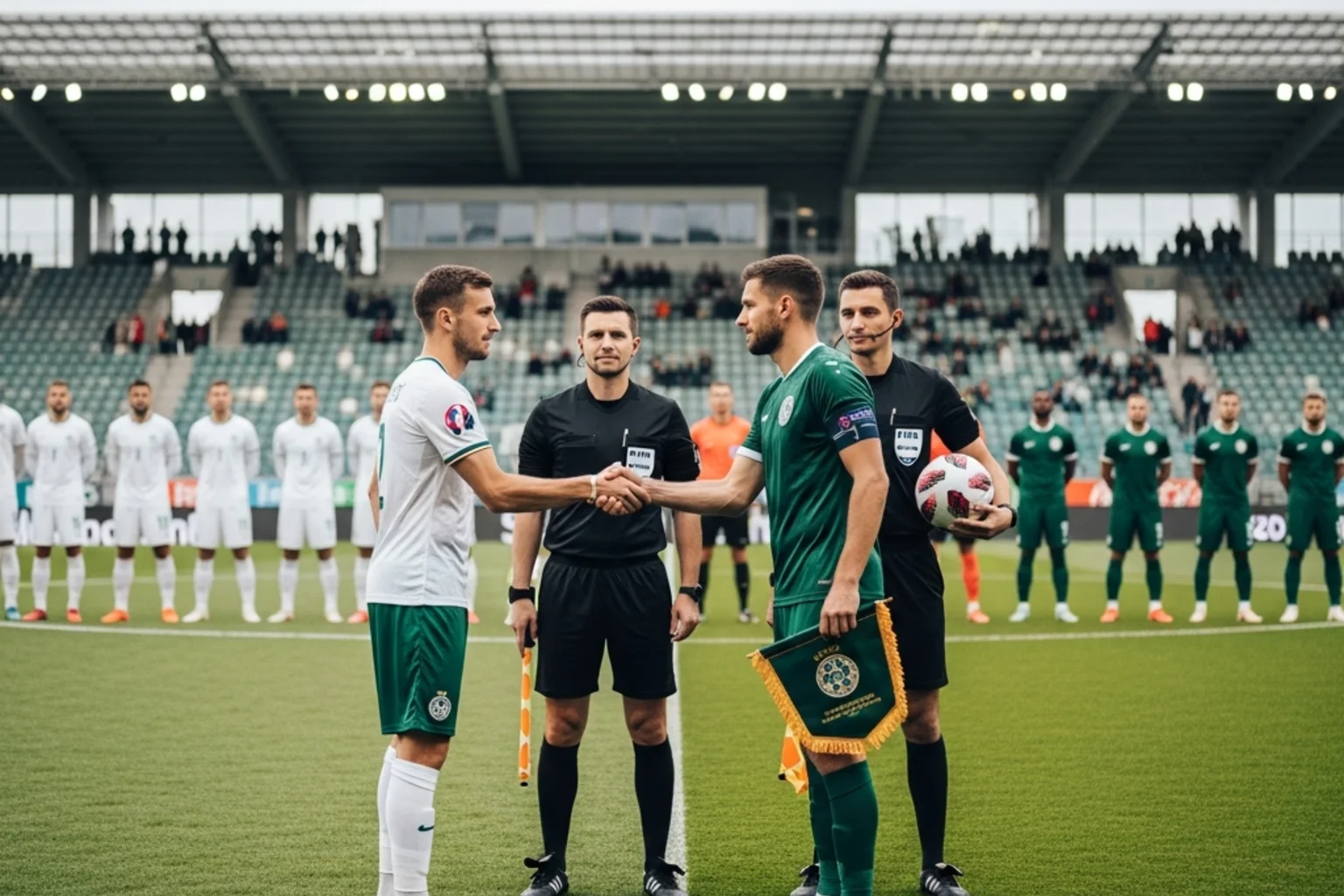 Fodboldspillere fra to landshold giver hånd ved midterlinjen før kampstart på en grøn bane