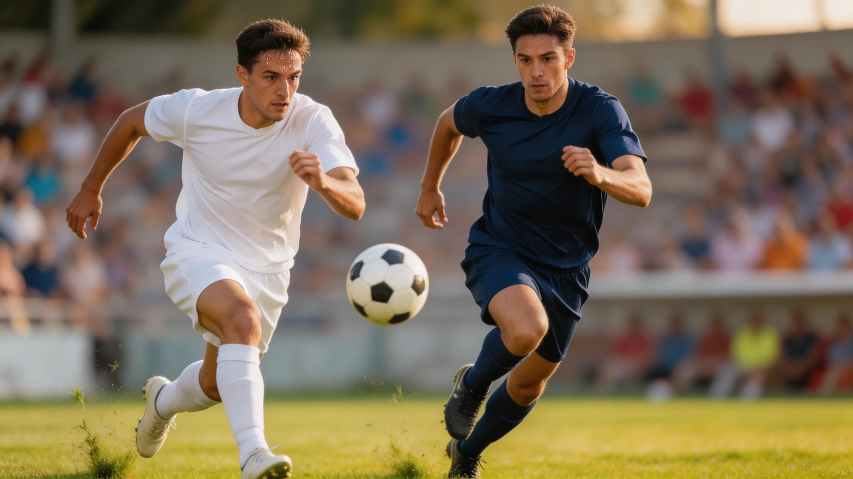 Spillere fra to landshold i hvide og blå trøjer kæmper om bolden midt på græsbanen