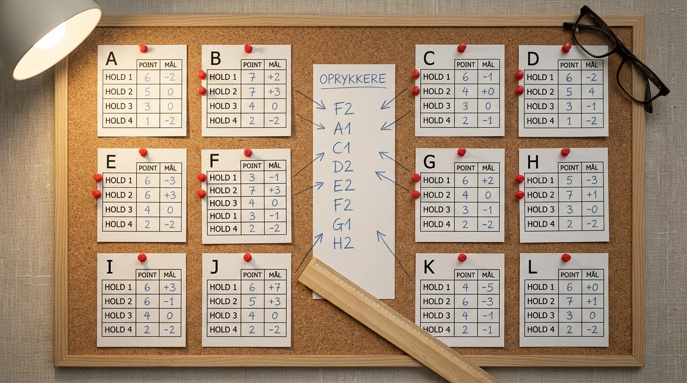 Tolv mini-tabeller med gruppespil for VM 2026 vist på en redaktionel opslagstavle med håndskrevne pile