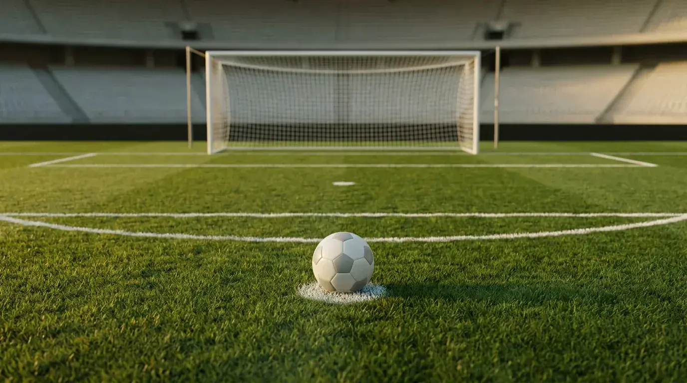 Fodbold på pletten i et tomt mål under aftenlys på et stadion