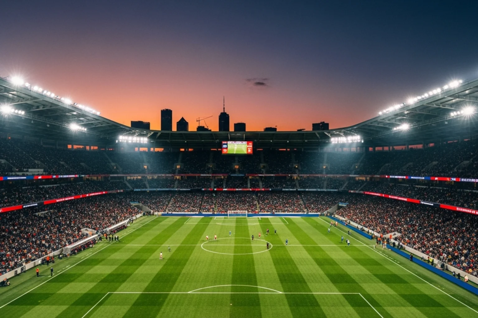Et fyldt fodboldstadion oplyst af reflektorlys i skumringen før en VM-kamp