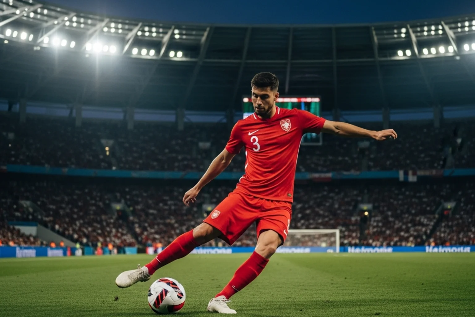 En fodboldspiller i rød trøje driver bolden frem på en udsolgt stadiongræsbane under aftenlys