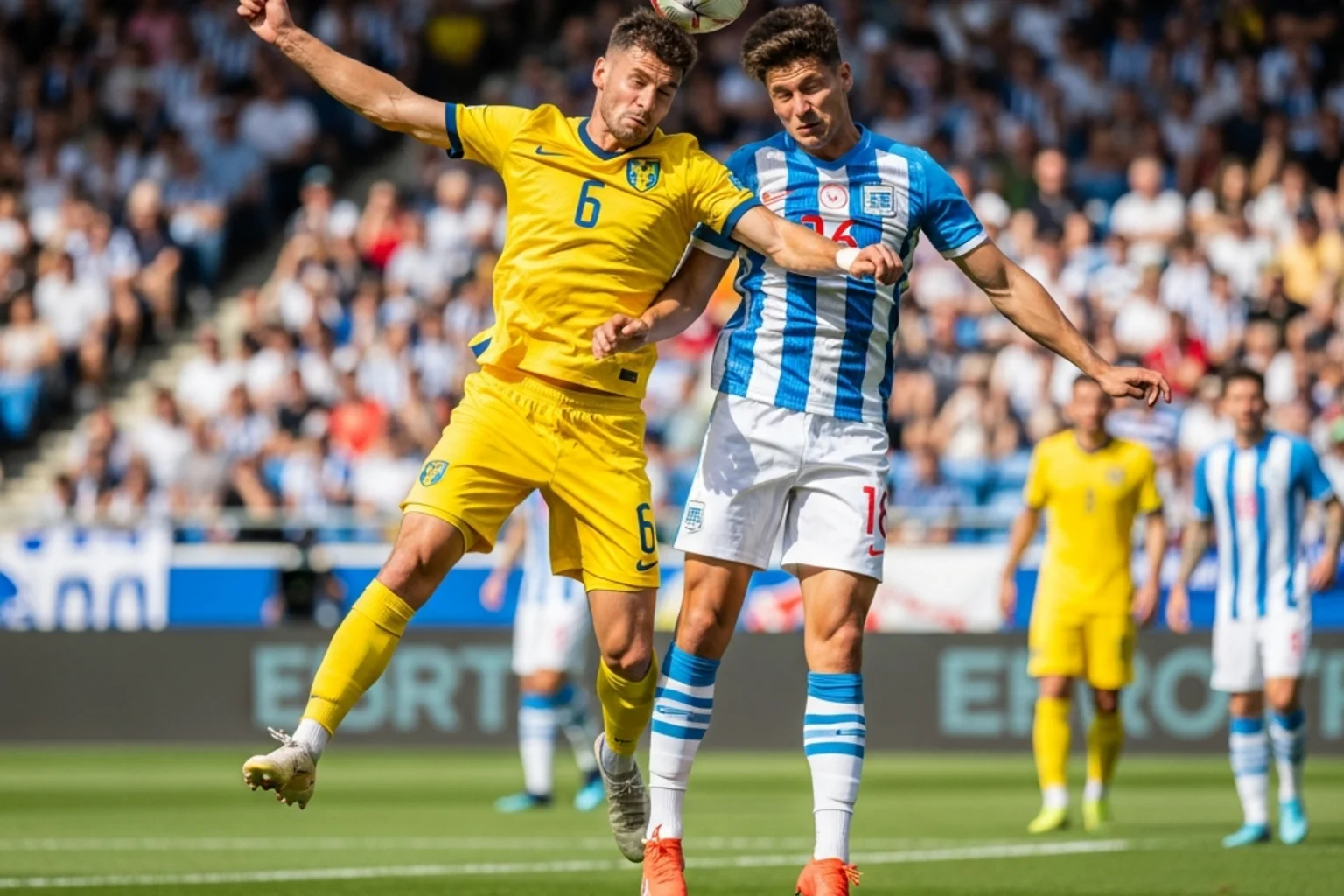 To fodboldspillere i gule og blå trøjer kæmper om en bold i luften over en grøn bane