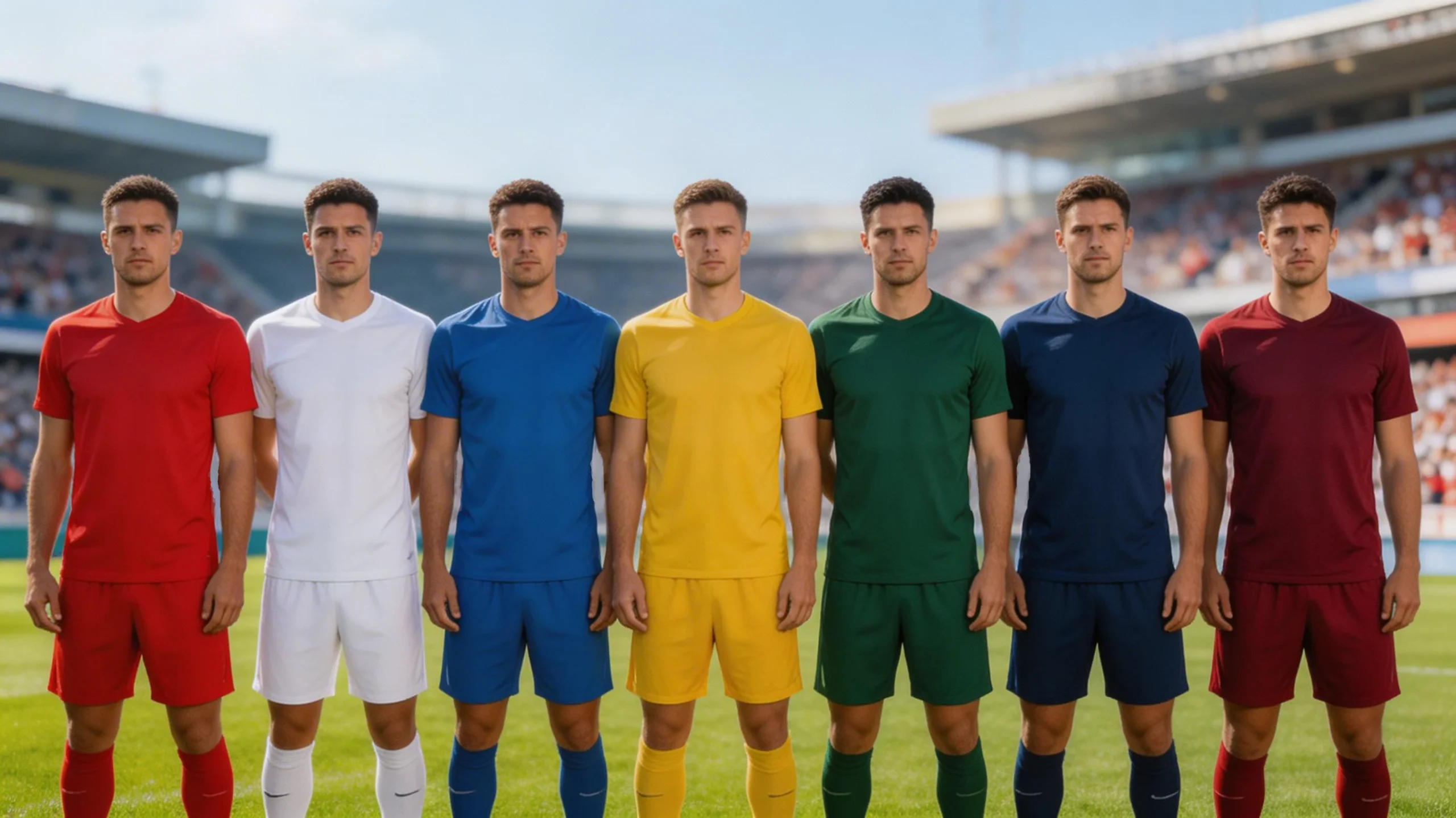 Fodboldspillere fra forskellige nationer stiller op skulder ved skulder før kampstart på en grøn bane