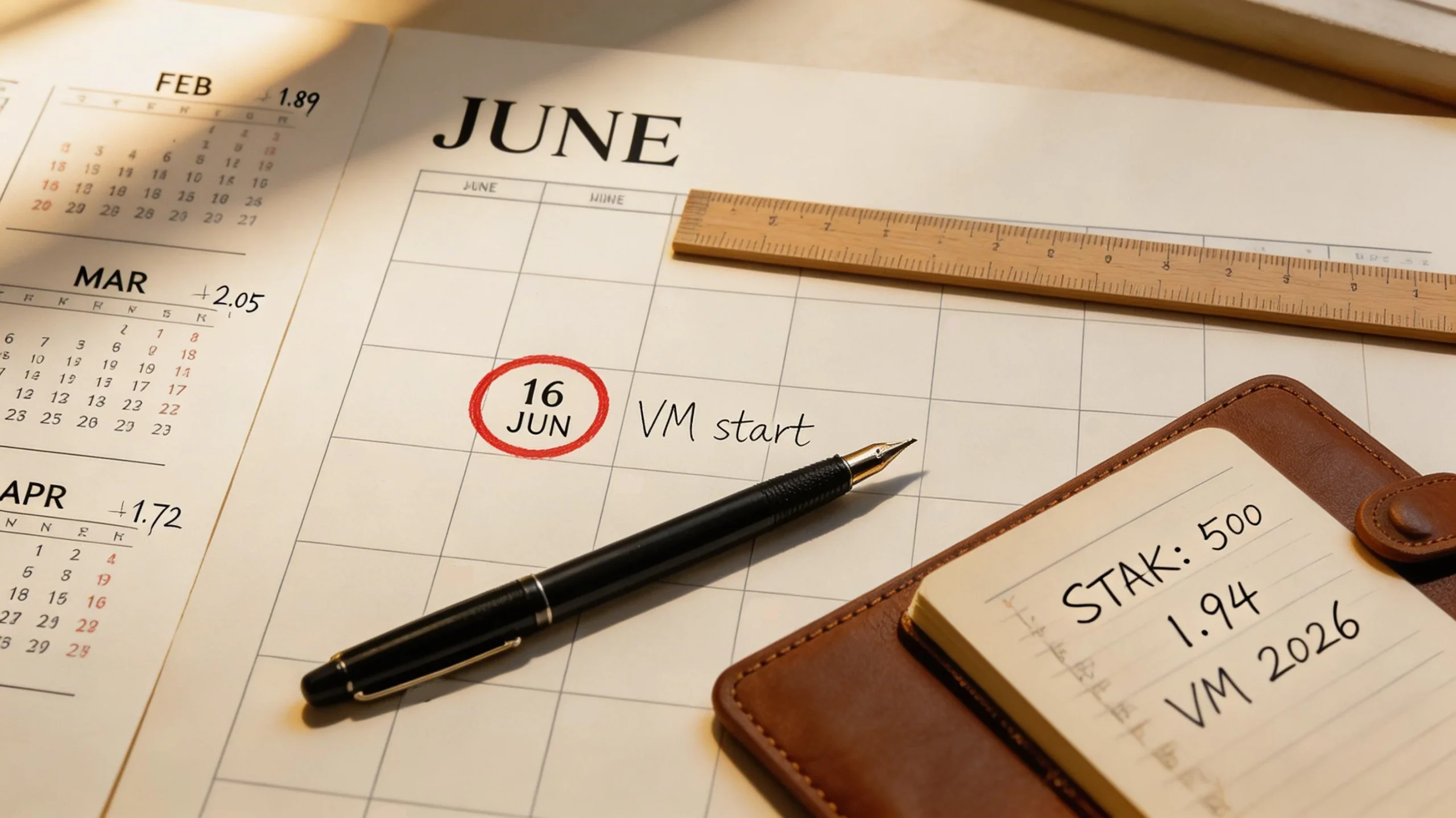 En kalender markeret med tre måneder før VM-start, hvor priser på outright-spil er noteret med blæk i marginen