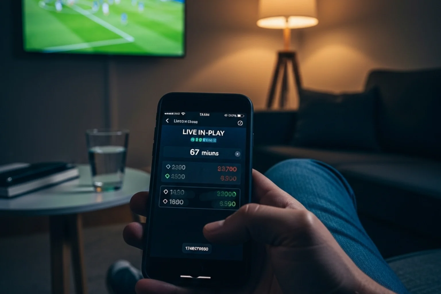 En mobiltelefon viser live-odds i in-play-fanen med en VM-kamp i baggrunden på et tv
