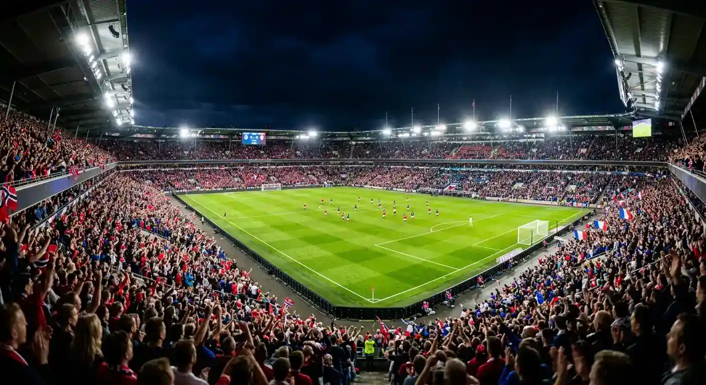 Fyldt stadion til en aftenkamp ved VM 2026 under projektørlys