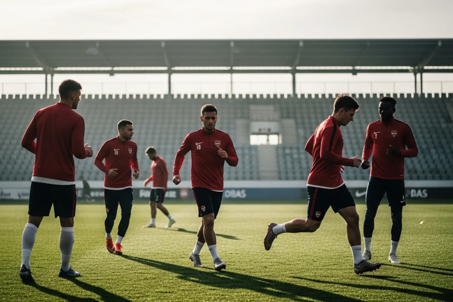 Norske landsholdsspillere i rød træningsdragt under opvarmning på en kølig aften