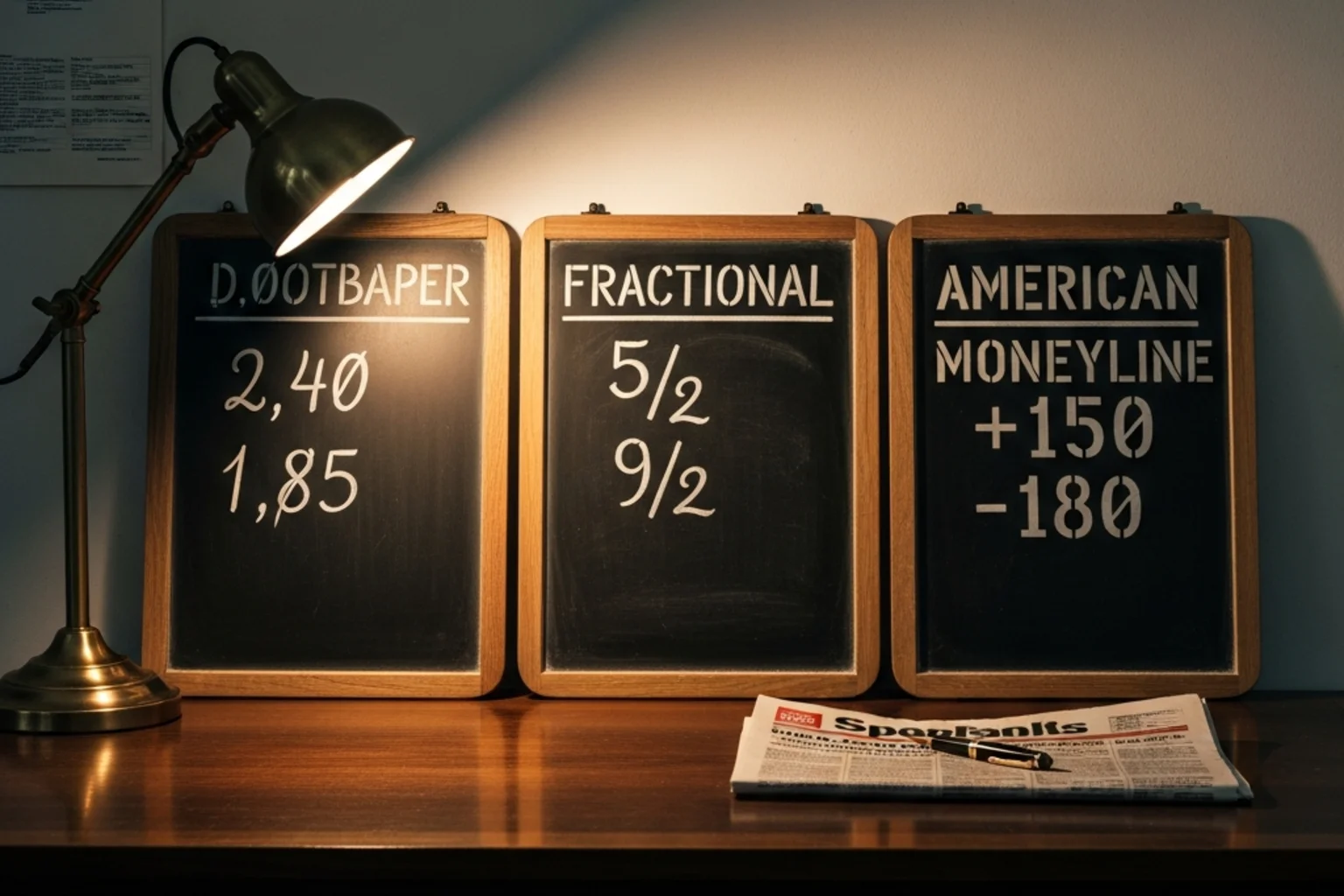 Tre tavler side om side med samme odds skrevet i decimaltal, britiske brøker og amerikansk moneyline