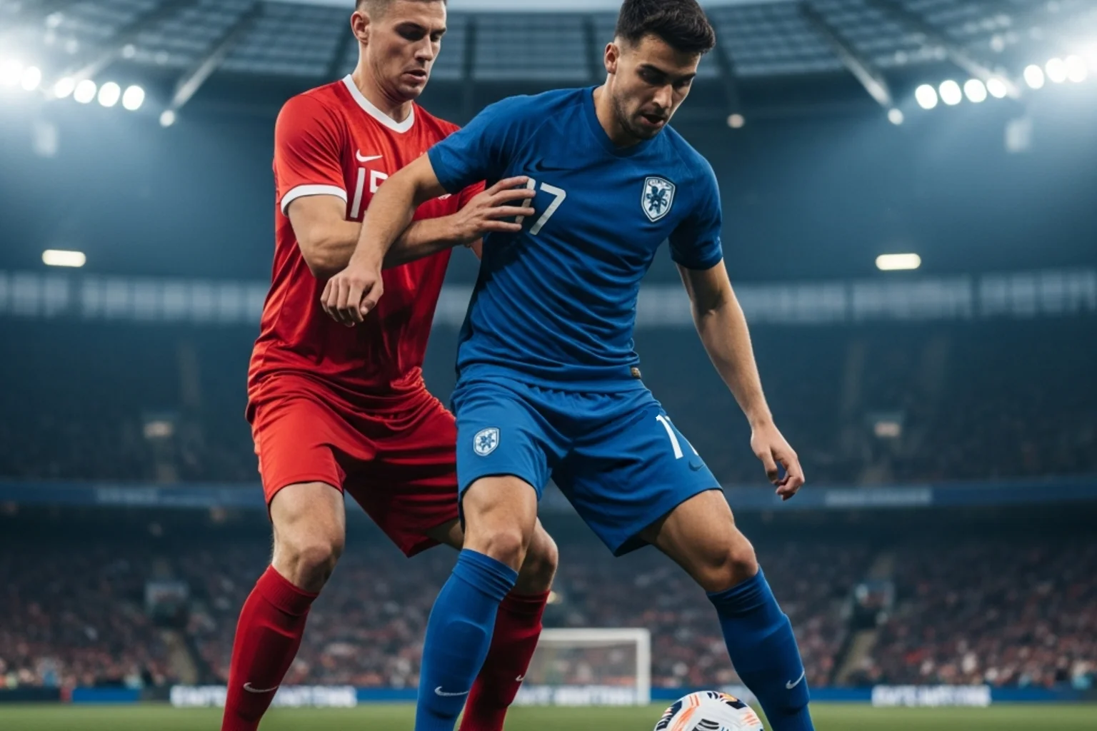 Fodboldspillere i en taktisk situation med fokuseret blik mod bolden under en aftenkamp