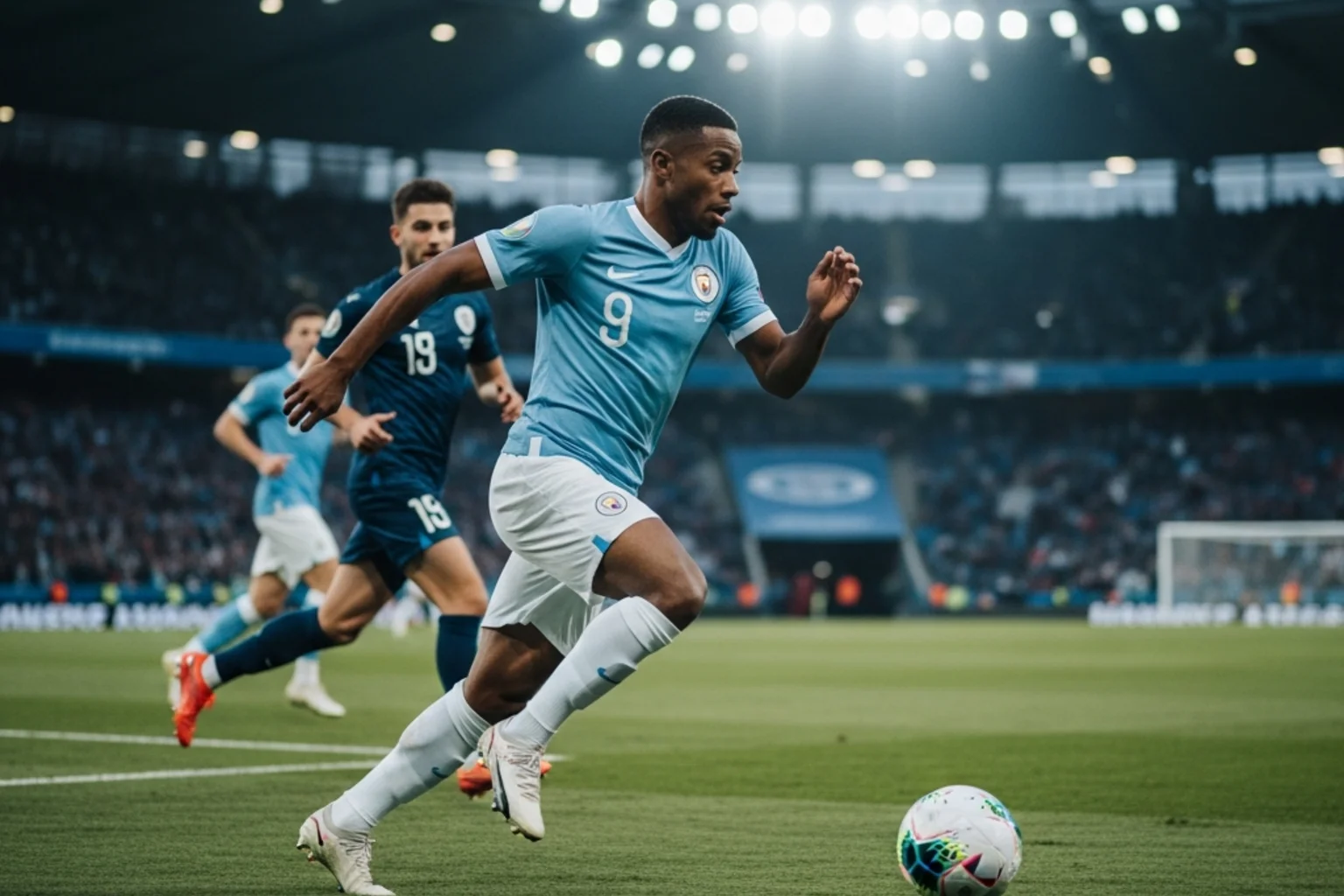 En angriber i fuld fart med bolden ved fødderne på vej mod målet under en fodboldkamp