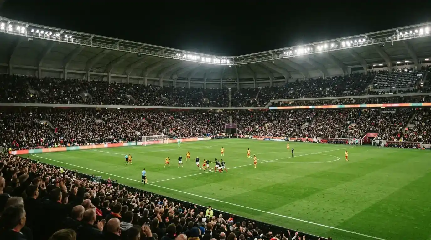 Fodboldstadion under projektørlys ved en aftenkamp i VM 2026's slutspil