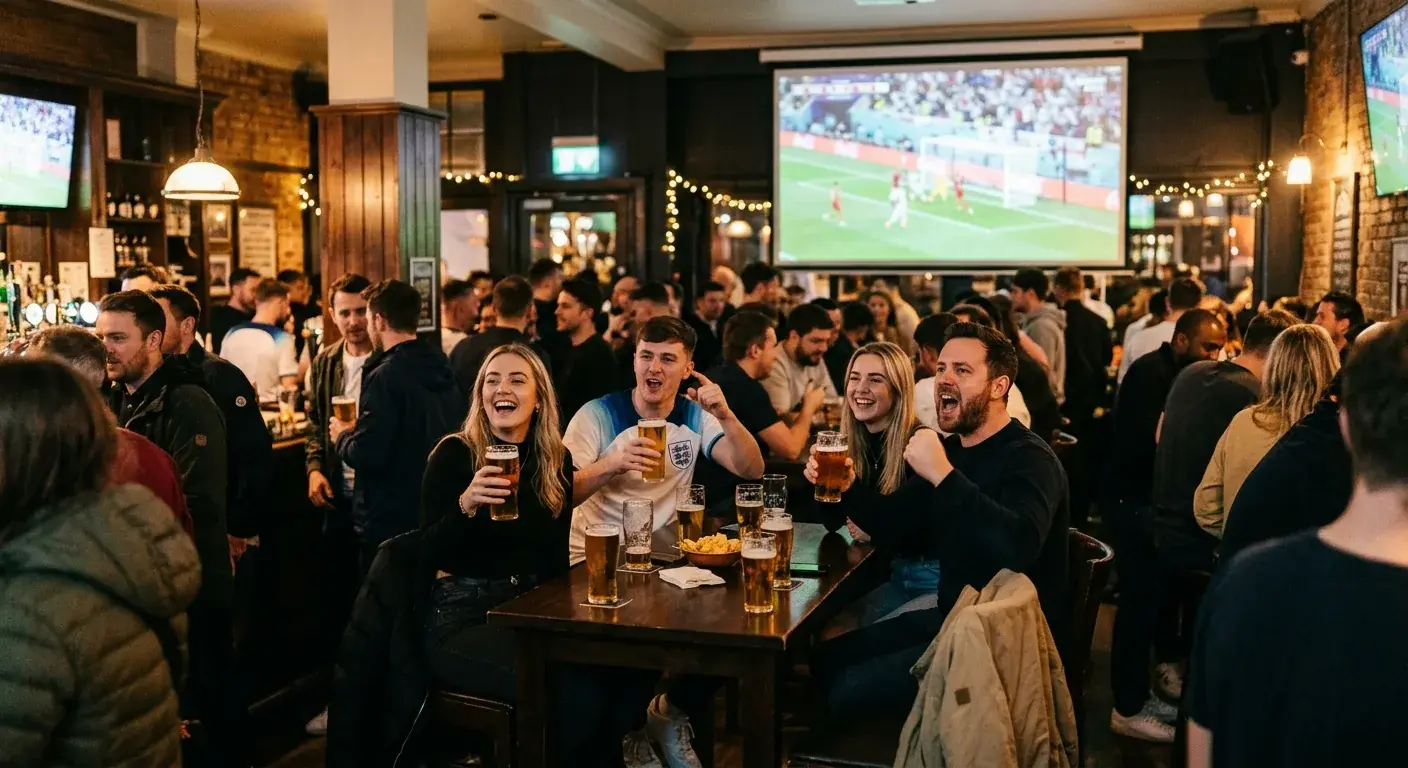Fans følger en aftenkamp ved VM 2026 på storskærm