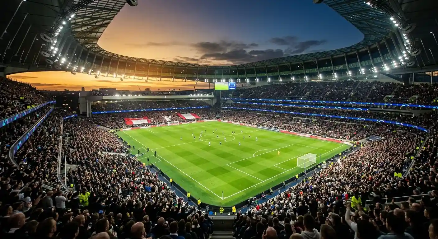 Fodboldstadion under projektørlys ved en aftenkamp i VM 2026's slutspil
