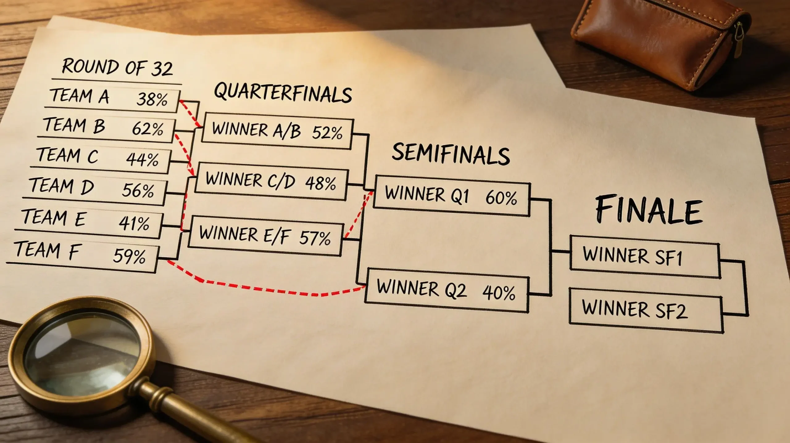 Et håndtegnet bracket-tre fra Round of 32 til finalen på MetLife med stiplede pile mellem mulige scenarier