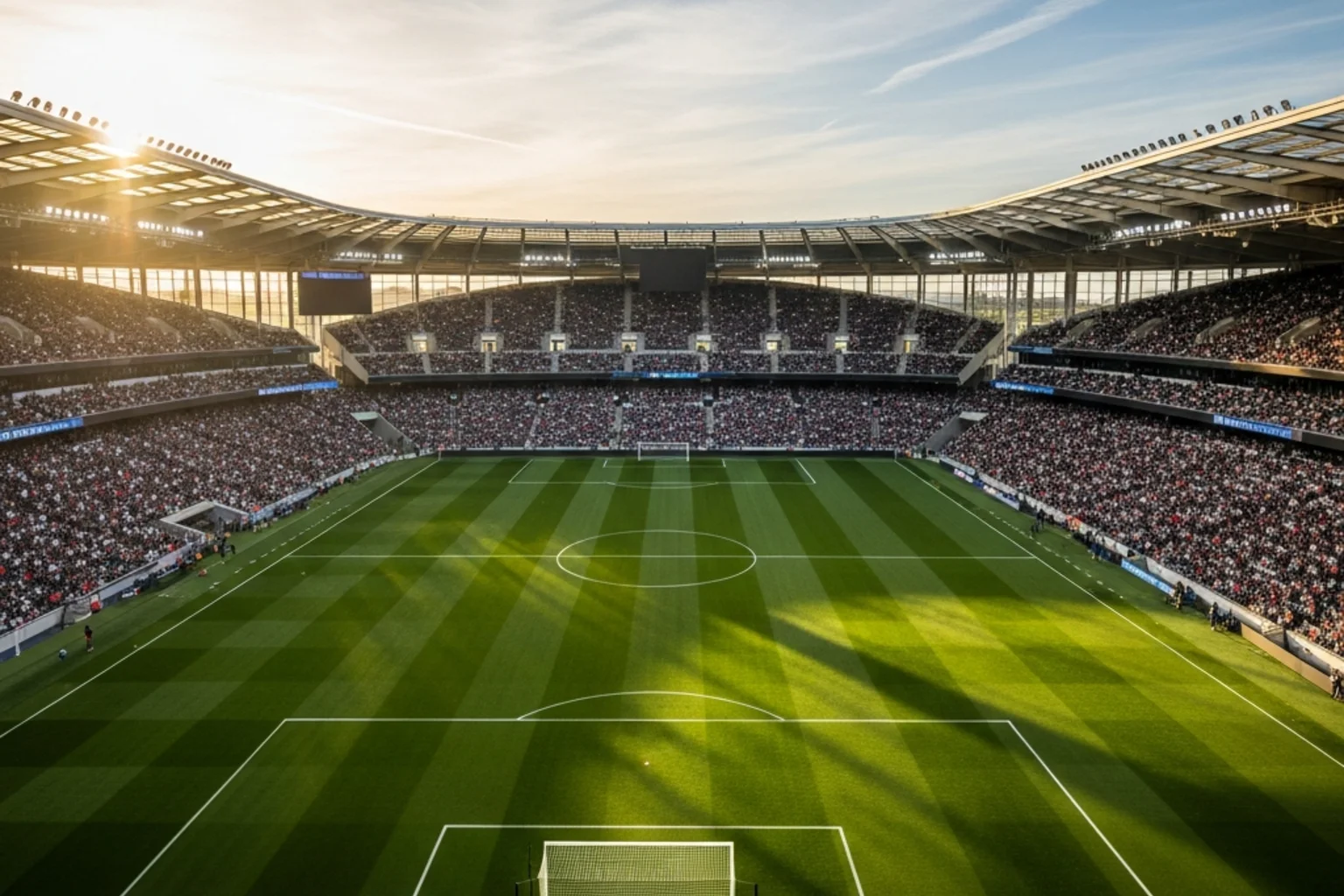Et stort moderne fodboldstadion set fra luften med grøn græsbane og fyldte tribuner