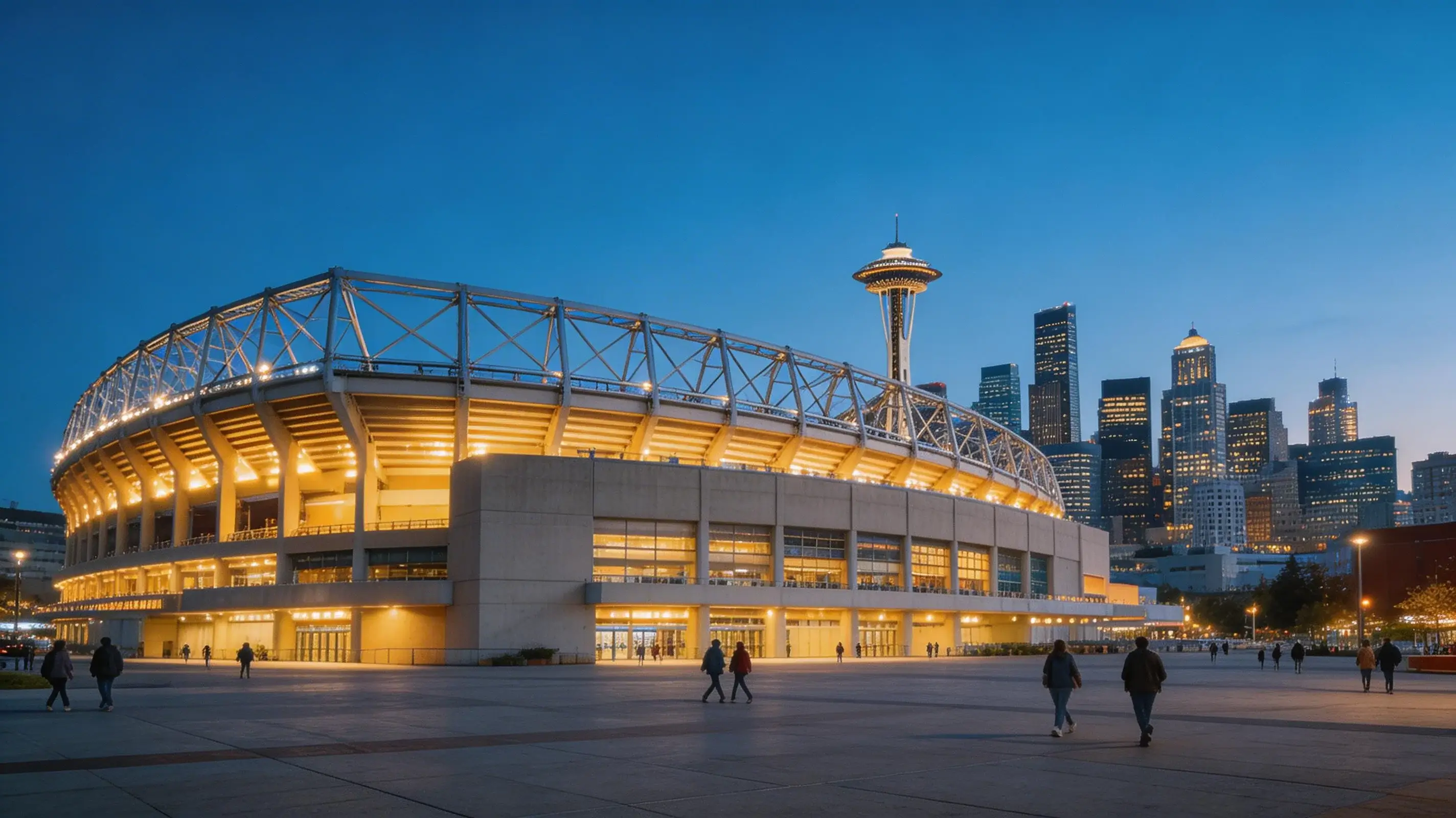 Lumen Field i Seattle set udefra med skyline i baggrunden