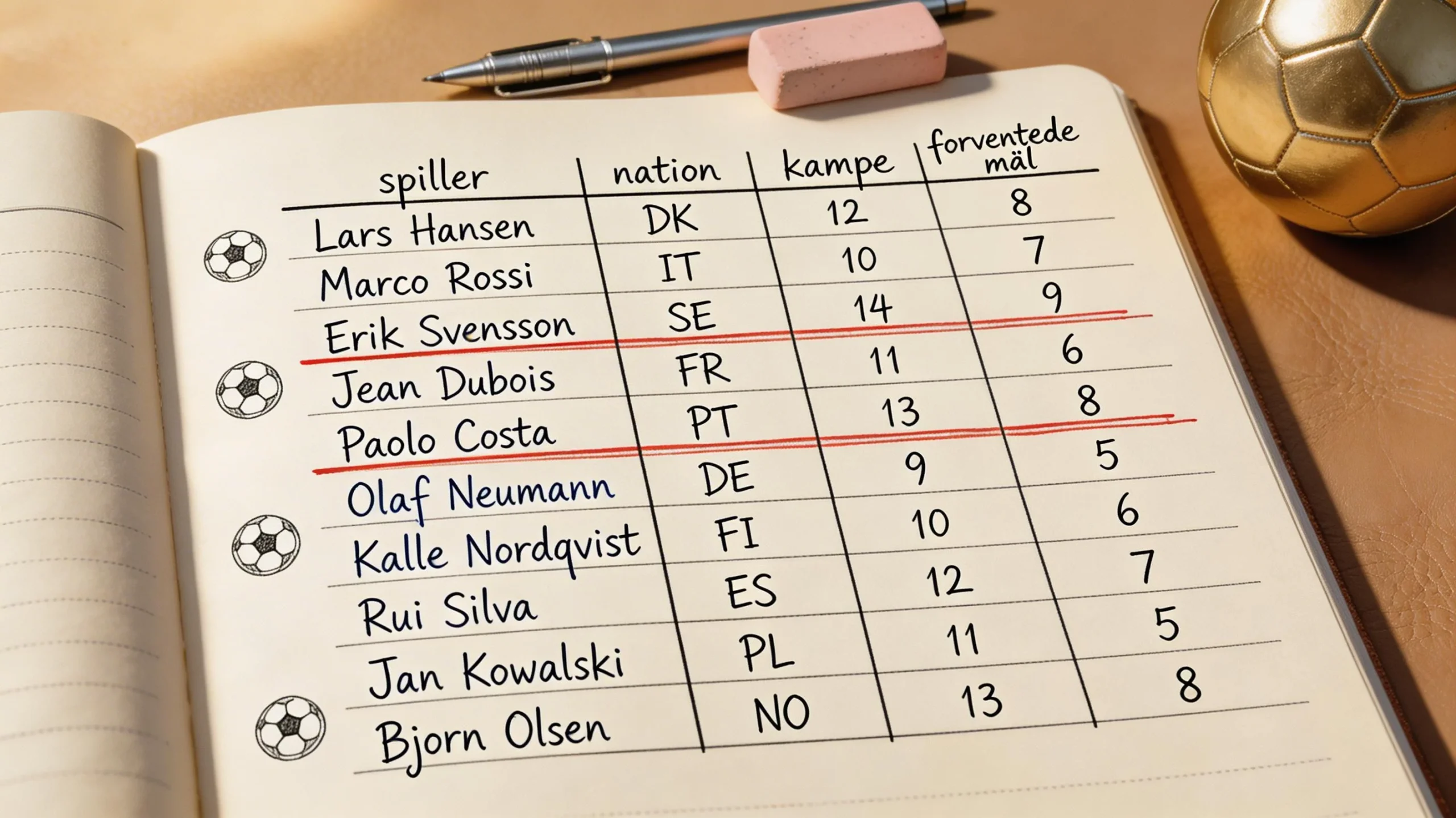 En tabel med spillernavne fodboldnationer og forventede scoringer skitseret med blæk på et redaktionelt notesark