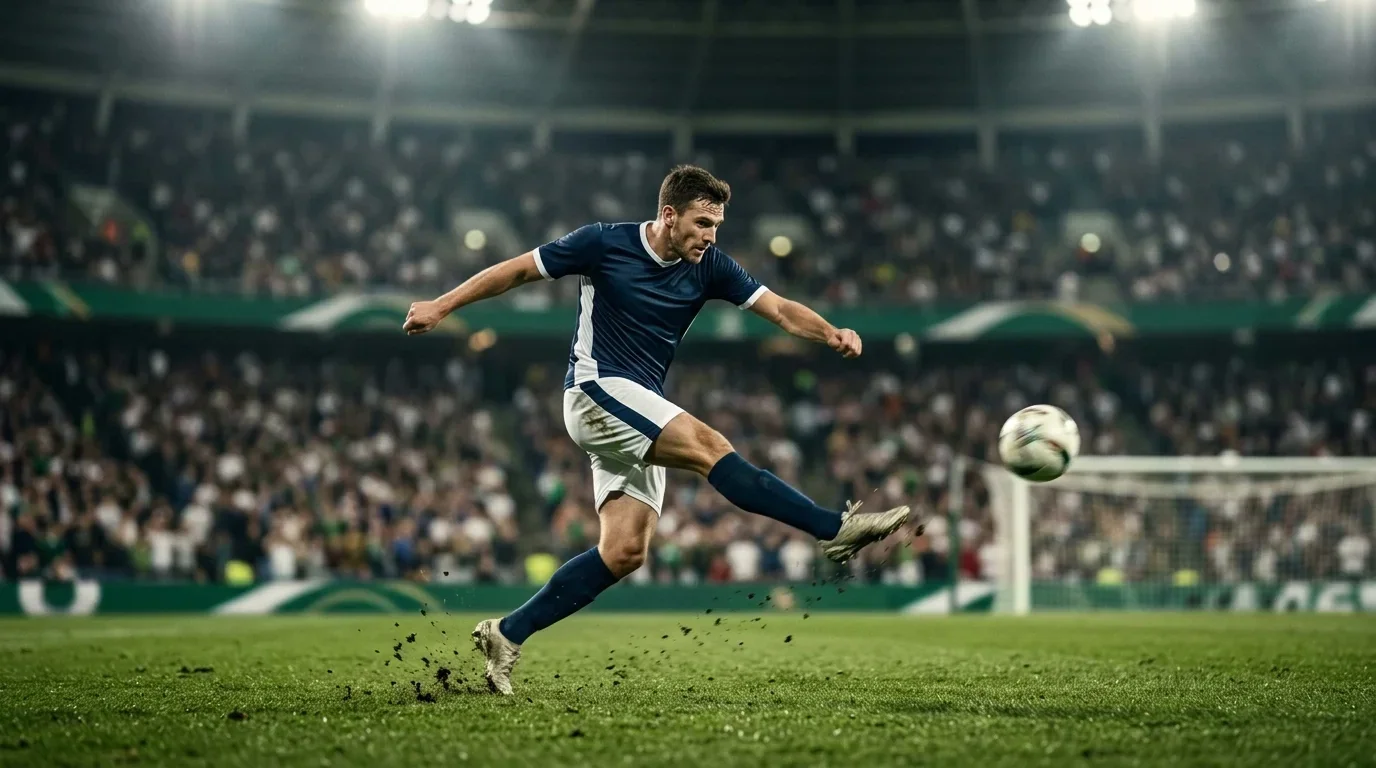 Fodboldstadion under projektørlys med en spiller på vej mod mål ved VM 2026