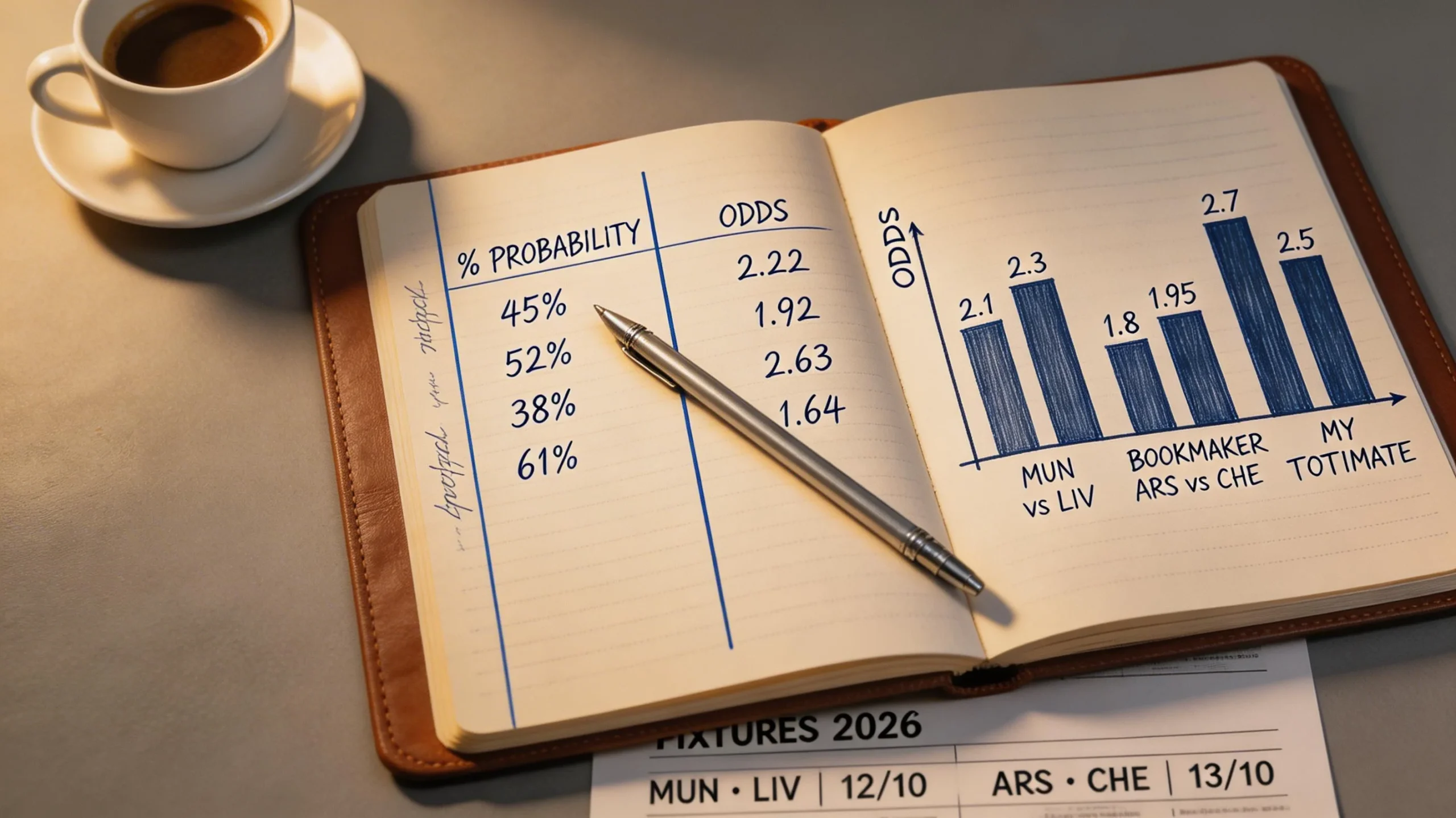 Et notesbogsudsnit med håndskrevne sandsynligheder ved siden af bookmakerens odds for udvalgte VM 2026-kampe