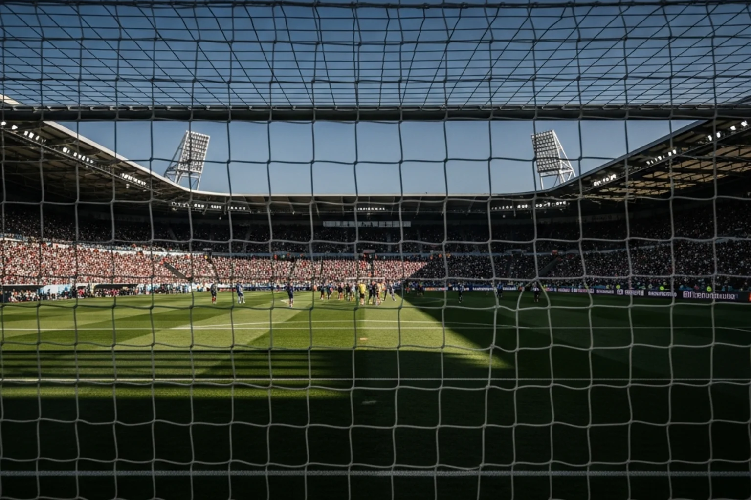 Et fodboldstadion med tilskuere bag mållinjen under en international landskamp i sommerlys