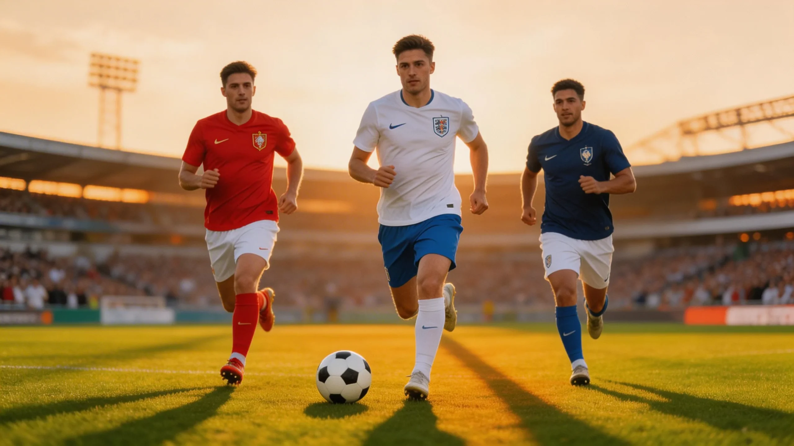 Fodboldspillere fra forskellige landshold på en grøn fodboldbane under en VM-kamp