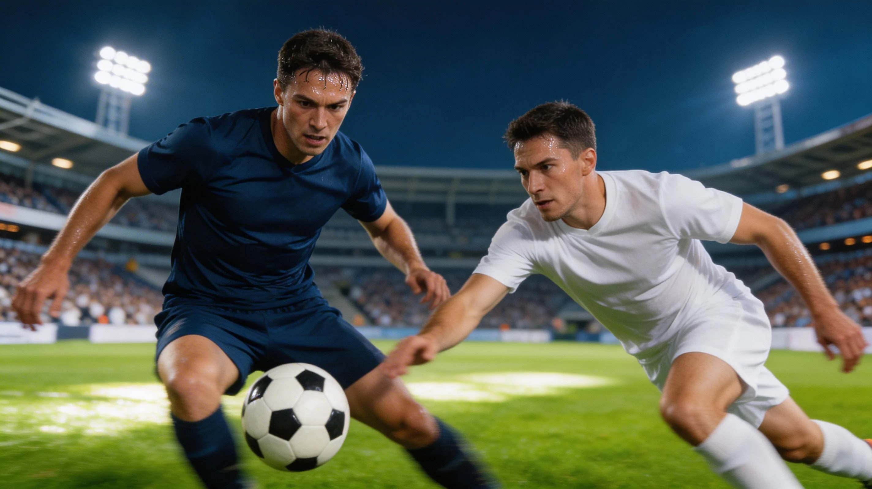 To fodboldspillere kæmper om bolden i en kvalifikationskamp under aftenlys på et udsolgt stadion