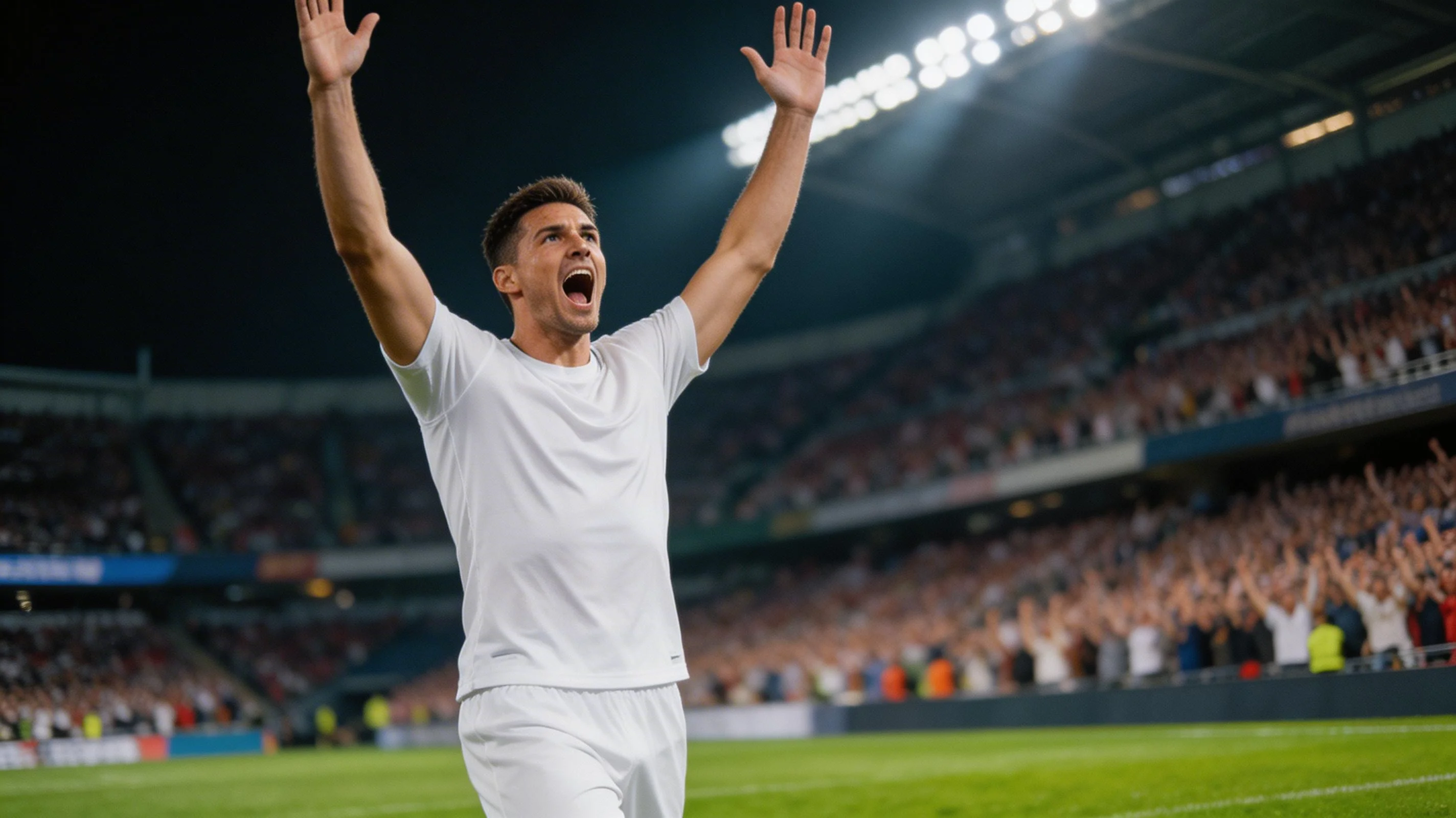 En fodboldspiller fejrer et mål med løftede arme på et stort fodboldstadion fyldt med tilskuere
